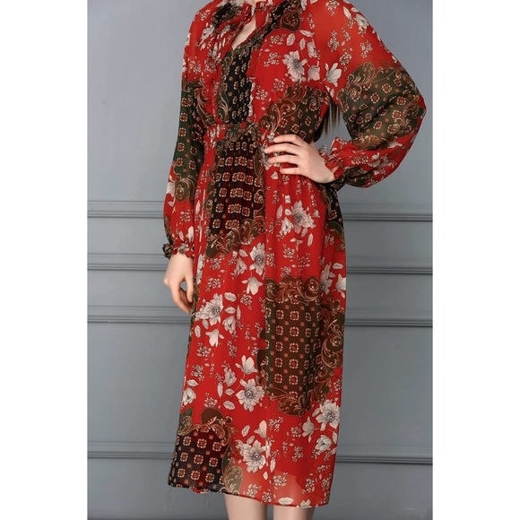 Zara bohemian floral printed metallic thread midi dress red gold - Picture 3 of 15